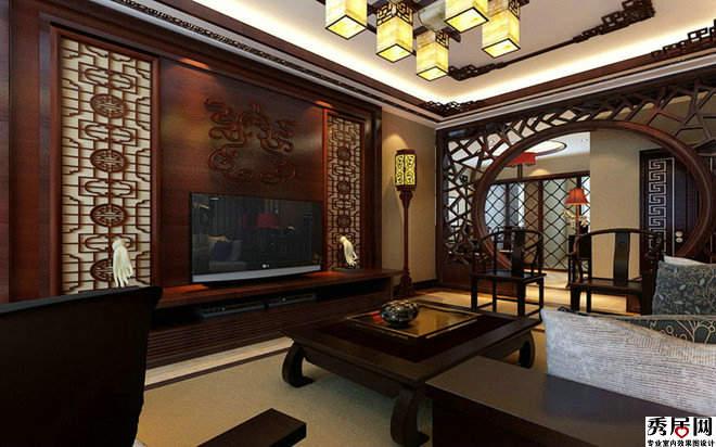 中式古典中式客厅木头雕花电视背景墙装修效果图