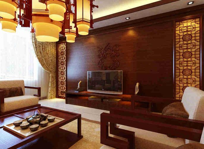 中式木质电视背景墙装修效果图