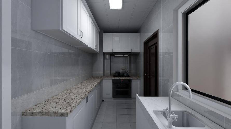 厨房用灰色瓷砖进行墙面以及墙面铺贴白色橱柜偏原木色柜台点缀
