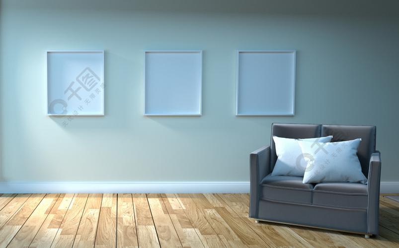 沙发和图片空的白墙背景上的木地板3d渲染