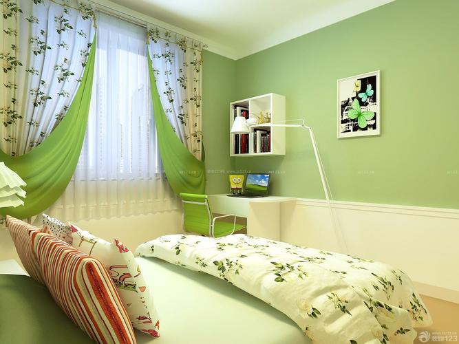 儿童卧室浅绿色壁纸窗帘装饰装修效果图