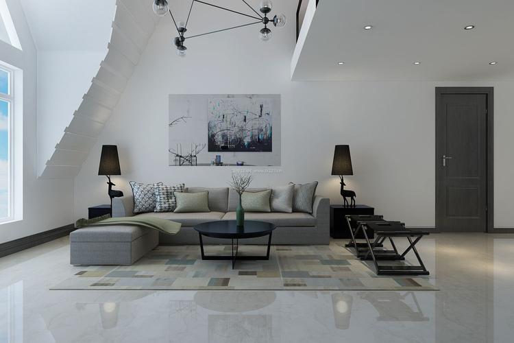 2017现代复式客厅纯白色地砖装修效果图案例