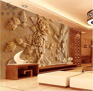 中式仿木雕浮雕3d立体大型壁画电视背景墙壁纸无缝客厅餐厅5d墙纸