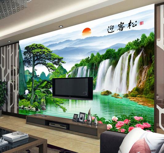 3d立体中式客厅电视背景墙壁纸5d8d山水风景画墙纸壁画布流水生财无缝