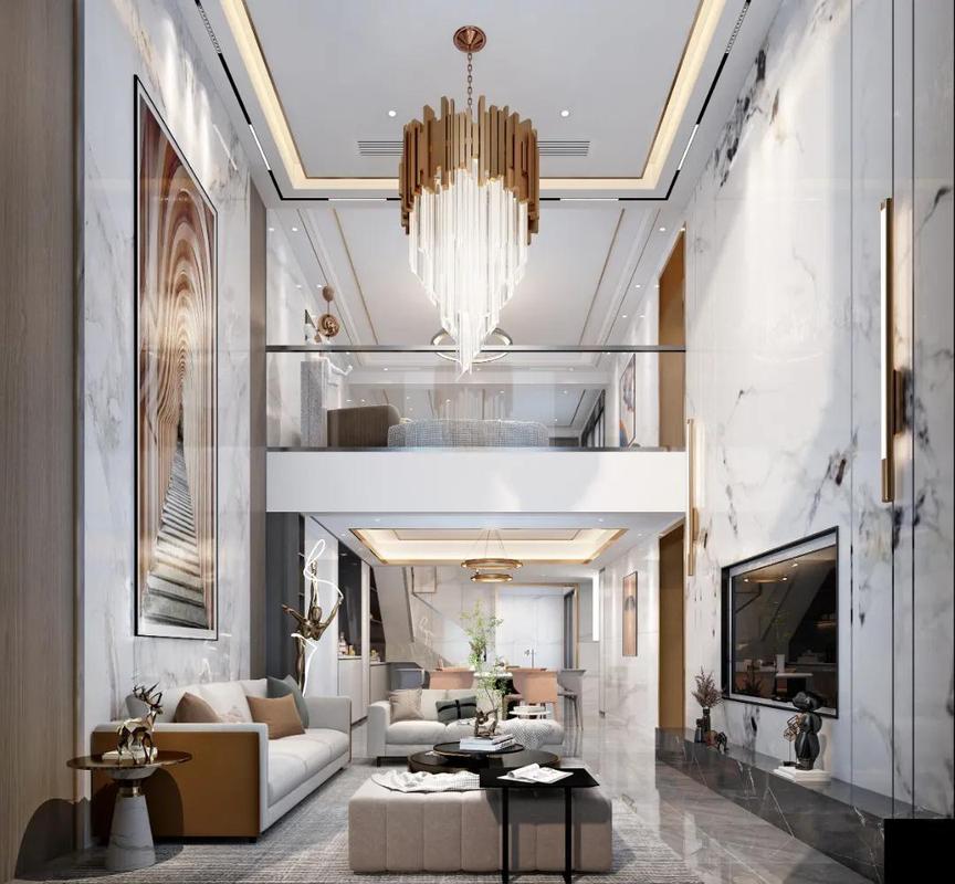 现代轻奢风复式装修案例挑高客厅设计空间质感饱满