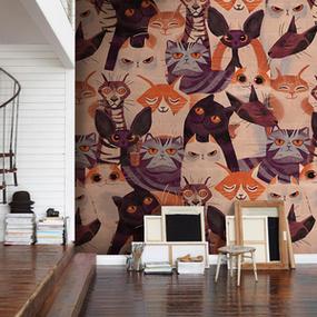 个性创意艺术猫咪动物电视背景墙纸服装店拍照复古定制壁纸壁画