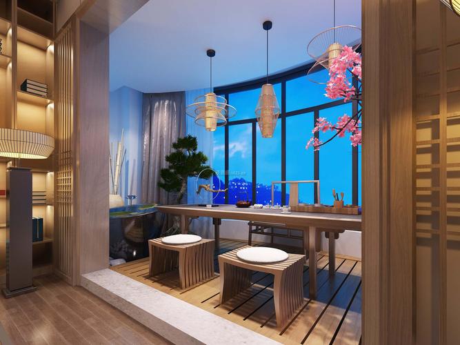 2022新中式别墅阳台茶室设计效果图