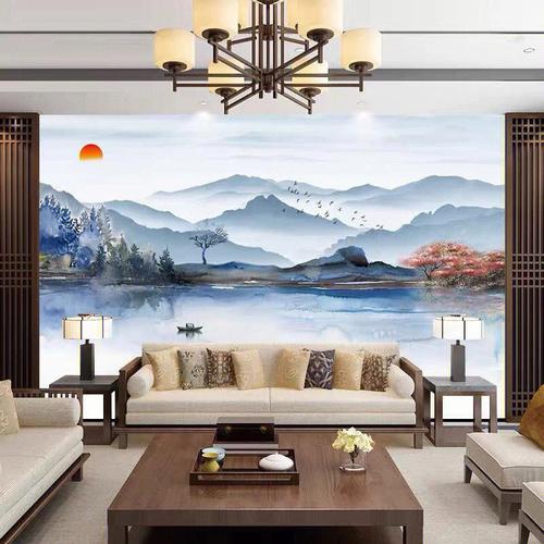 新中式电视背景墙壁纸轻奢山水画墙纸客厅8d