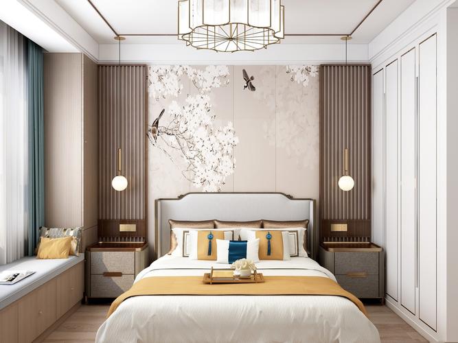 新中式风格卧室床头背景墙创意装修图片