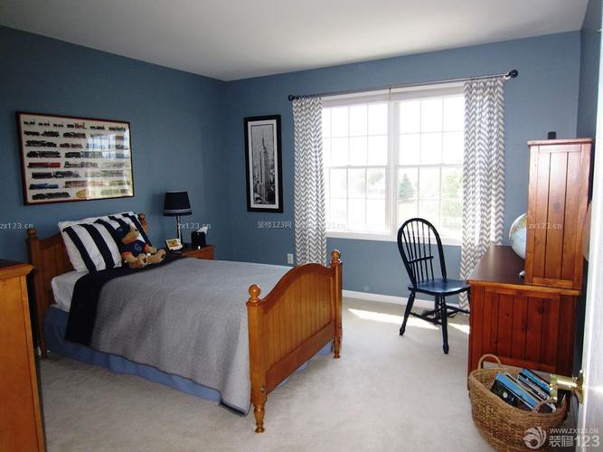 现代简约家装卧室青色墙面装修实景图欣赏装信通网效果图