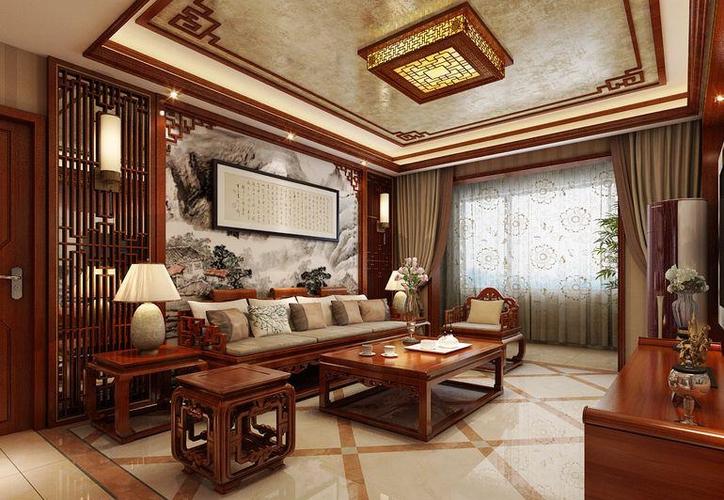 中式风格三居室客厅背景墙装修效果图大全