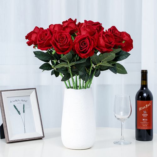 单支仿真玫瑰花假花客厅装饰花绒布红玫瑰花瓶插花绢花束干花摆件