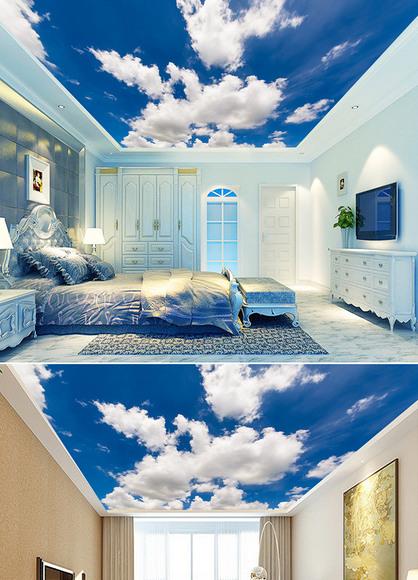 原创唯美蓝天白云客厅卧室吊顶天顶壁画版权可商用