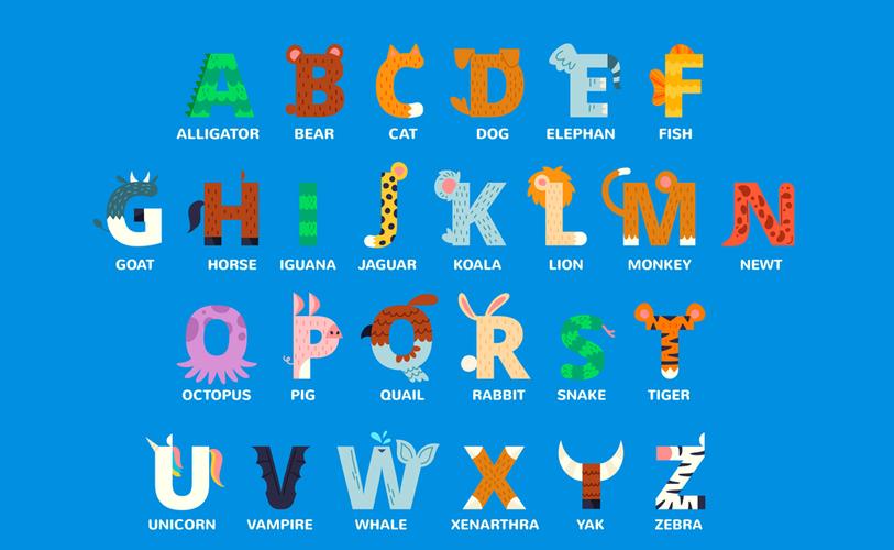 26个彩色动物形字母矢量素材