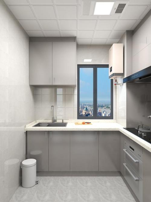 厨房厨房的颜色主要为灰白.l型橱柜增大实用性.