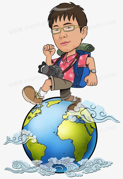 关键词蓝色粉色地球卡通插画漫画旅游照相机旅游插画旅游人物插画