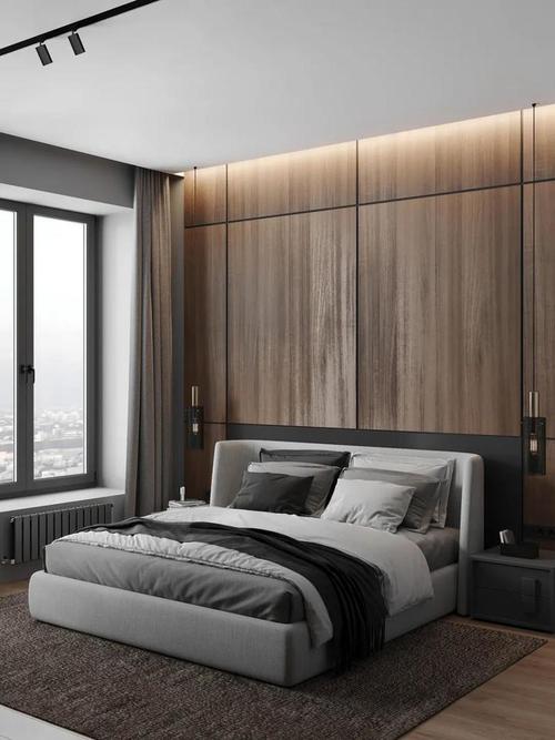卧室床头背景墙用木饰面包裹黑色线条与天然纹理顶部灯带照明明暗