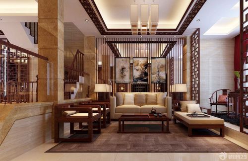 中式古典装修风格客厅满贴墙砖效果图