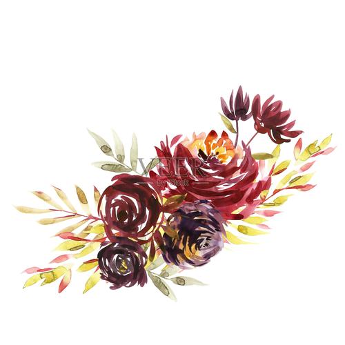 花水彩插图一束颜色鲜艳的大红牡丹和小花水彩水平组合插画图片素材