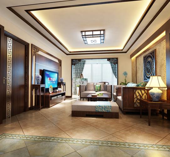 客厅是一个方方正正的空间光感不错利用中式家具及局部小调花装修