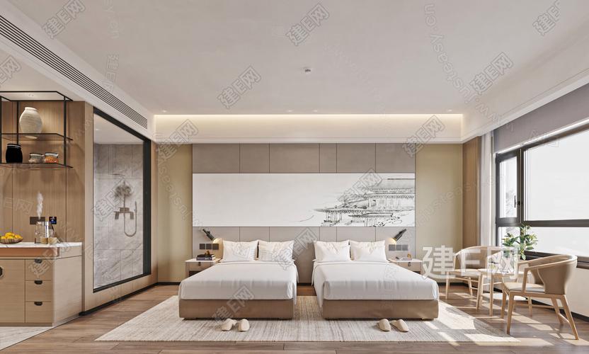 新中式酒店双人房3d模型下载