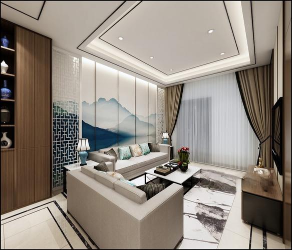 上海新城观澜府210平新中式风格别墅客厅装修效果图