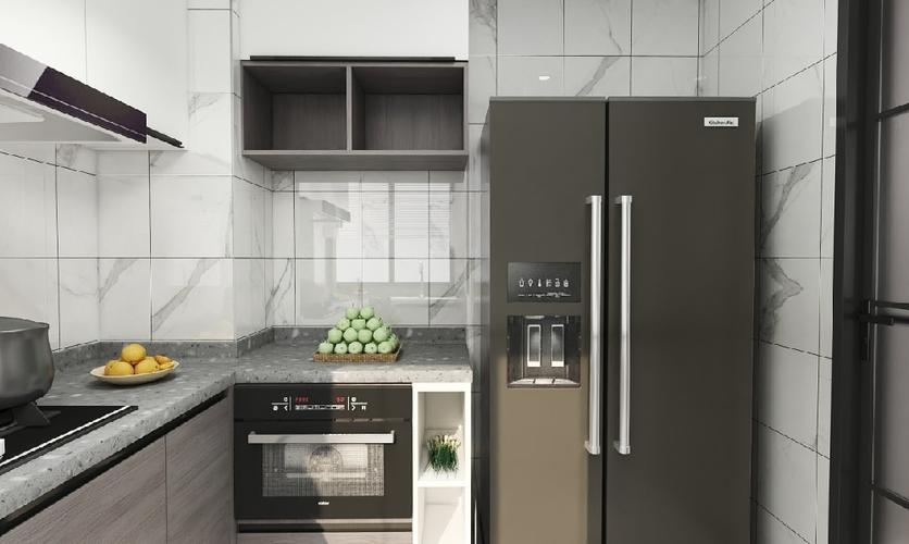厨房以白色橱柜打造厨电是嵌入式的收纳放了一个冰箱整体视觉更加