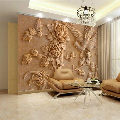 中式牡丹孔雀仿真浮雕木雕3d立体壁画电视背景墙壁纸客厅沙发墙纸