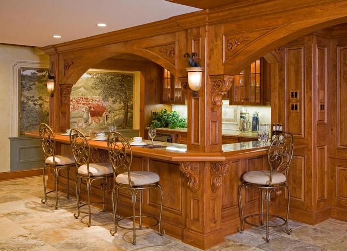 欧式古典开放式餐厅整体木质吧台装修效果图