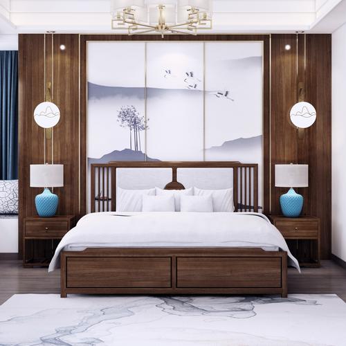 新中式实木床北美黑胡桃木1.8米双人婚床主卧现代小户型卧室家具