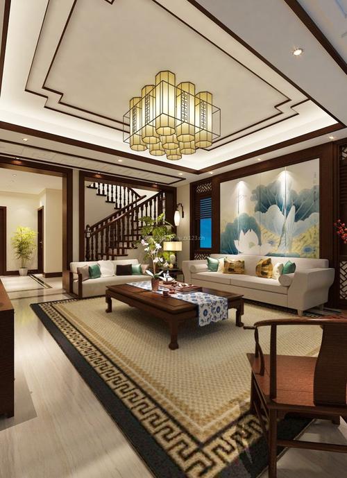 2022跃层别墅家装客厅中式元素装饰效果图