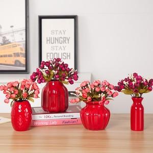 结婚用的红色陶瓷花瓶仿玫瑰花套装婚房客厅餐桌居家装摆件花插