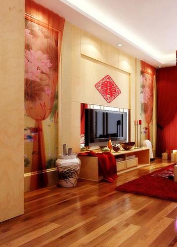 中式客厅婚房布置红色喜庆的电视背景墙装修效果图