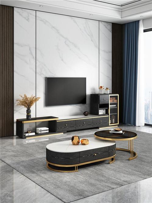 电视柜茶几组合轻奢现代实木岩板简约伸缩意式极简大理石轻奢家具