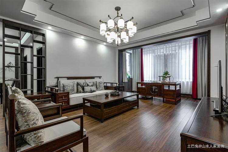 140平三居室儒雅新中式客厅窗帘中式现代客厅设计图片赏析