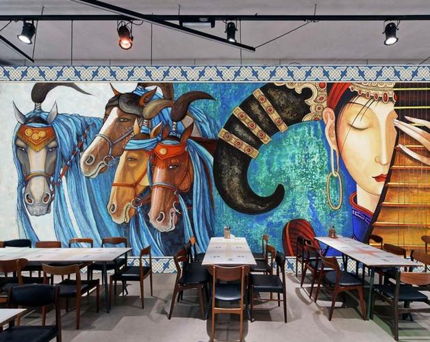民族特色背景墙手绘蒙古元素风格艺术壁画餐厅饭店装修壁纸墙纸