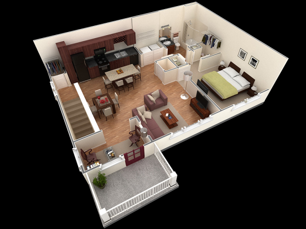 25个一居室户型装修3d布局效果图