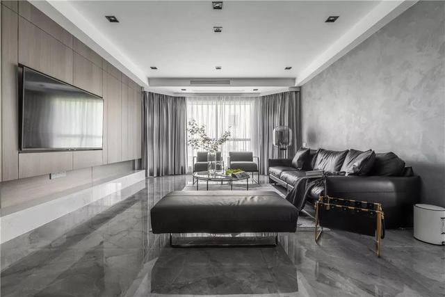 这套148平米的现代简约风格装修整体房子的硬装与家具都是以高级灰色