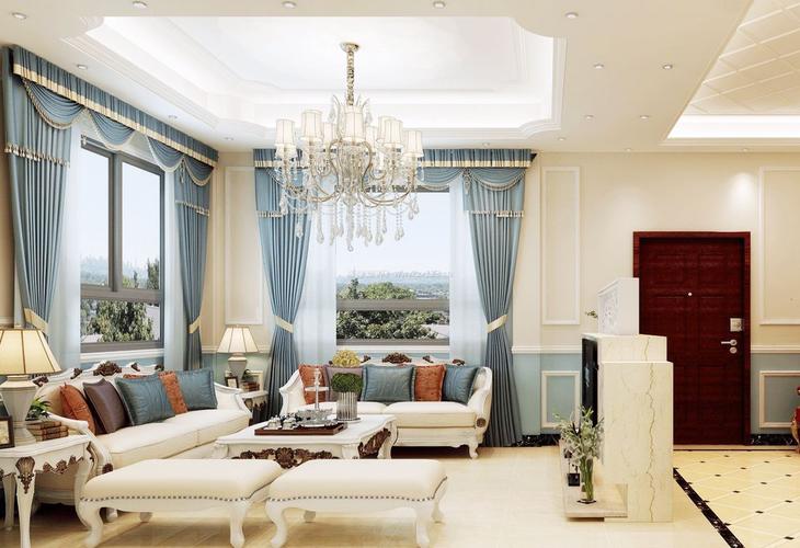 欧式二层别墅客厅布艺窗帘装修效果图片