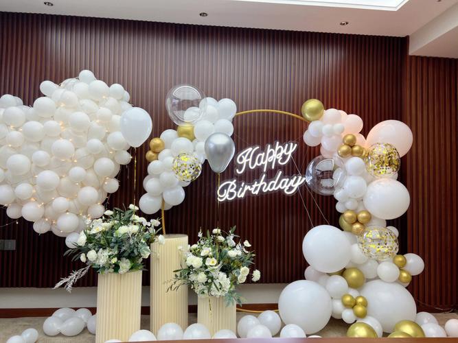 场地安国国际大酒店8309套房白金色系女士生日派对生日气球布置