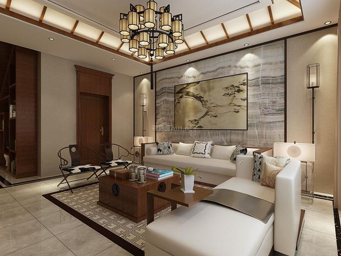 新中式风格客厅沙发墙挂画布置效果图