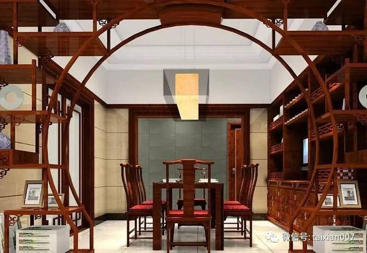 中式餐厅博古架隔断效果图将客厅与餐厅隔开从空间上有利区分.