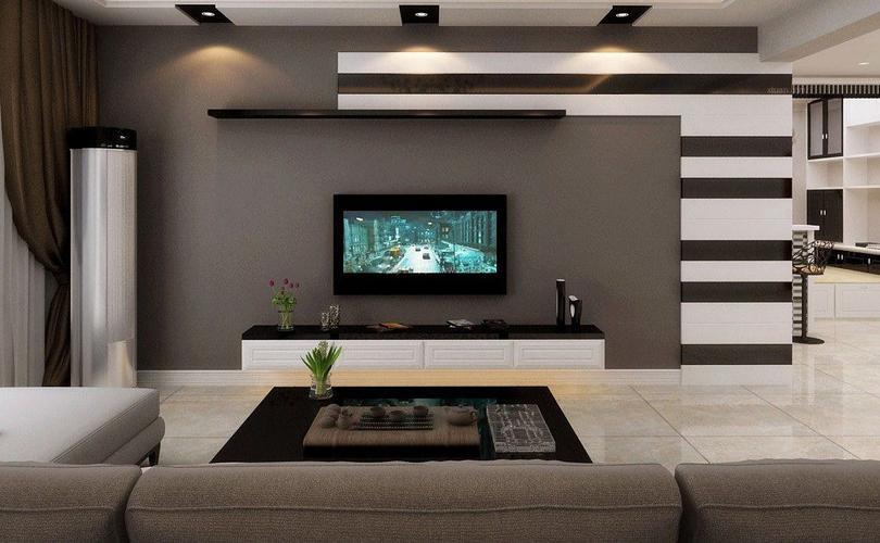黑白现代简约风格客厅电视背景墙装修效果图时尚客厅有隐形门的电视