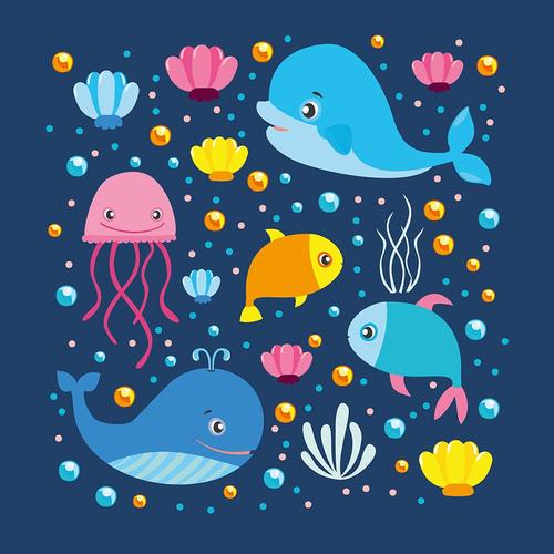 可爱卡通海底世界海洋动物鲸鱼海豚水母鱼类儿童插画插图背景