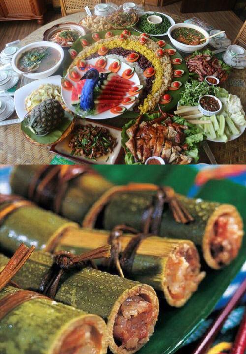 西双版纳傣族美食特色孔雀宴菠萝紫米饭竹筒饭叶子包烤各种食材.