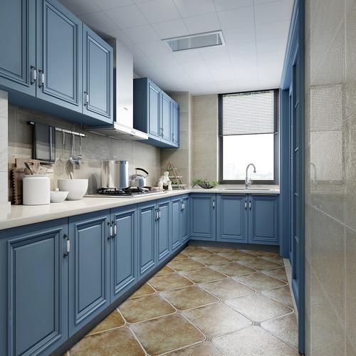 厨房l型的蓝色模压地柜搭配一字型的吊柜地面斜面铺贴仿古地砖舒适