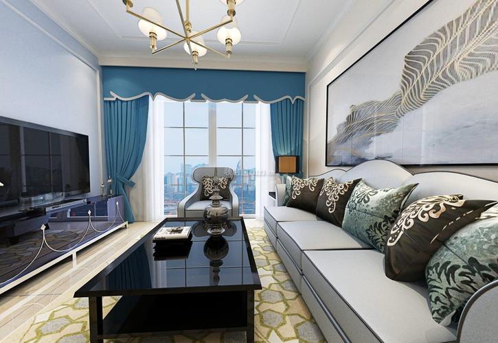 现代简约98平方米三居客厅蓝色窗帘装修效果图