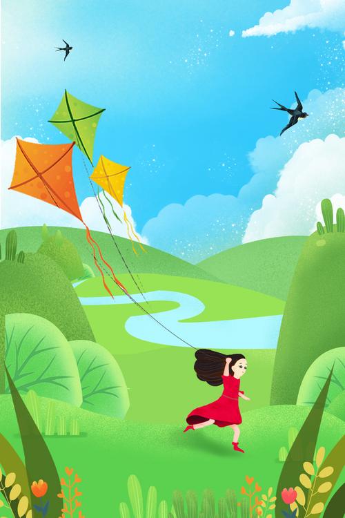 卡通春天手绘放风筝背景图免抠素材免费下载觅元素