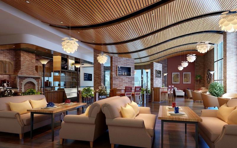 咖啡馆店面木质吊顶设计装信通网效果图