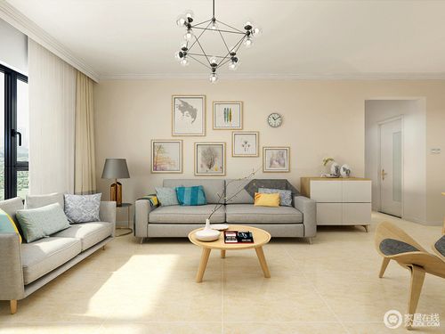 客厅以米色地砖和墙面表达和暖明快中塑造质感生活灰色沙发在彩色